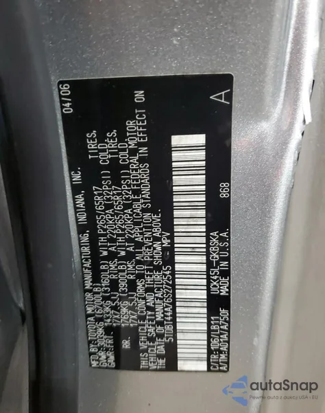 2006 Toyota Sequoia Sr5 из США, поврежденный, VIN 5TDBT44A76S272545